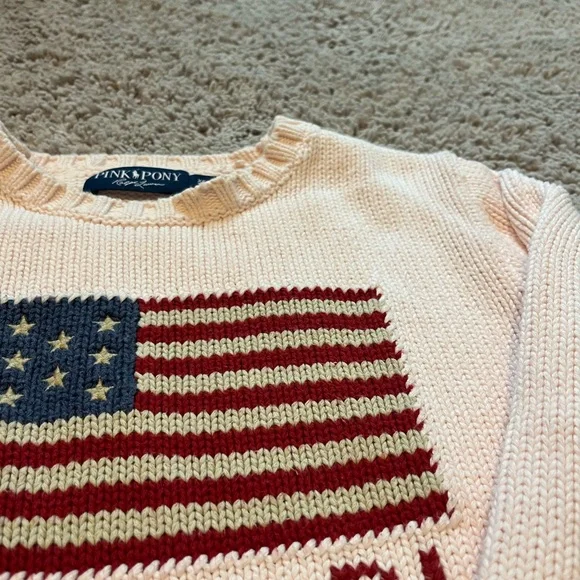 RARE Ralph Lauren Pink Pony American Flag Sweater USA Knit Crewneck - XS - Picture 6 of 7